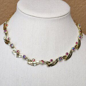 Vintage Gold Tone Choker Necklace Red Aurora Borealis Rhinestones